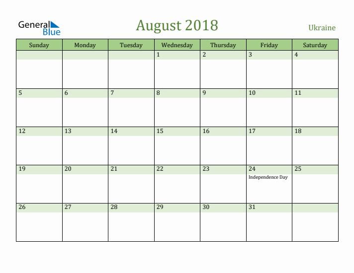 August 2018 Calendar with Ukraine Holidays