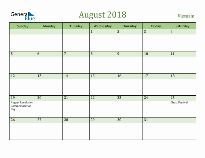 August 2018 Calendar with Vietnam Holidays