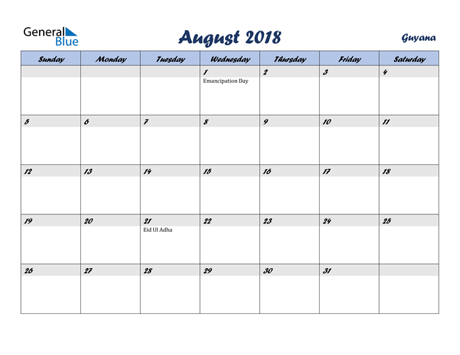 August 2018 Calendar with Holidays