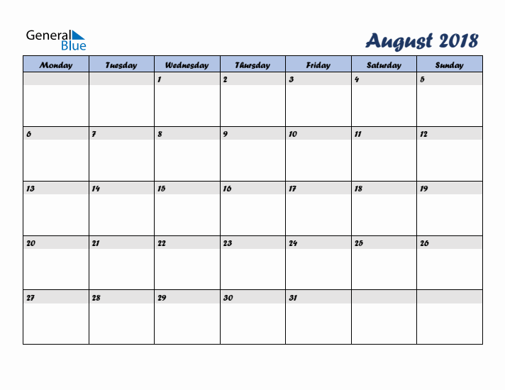 August 2018 Blue Calendar (Monday Start)