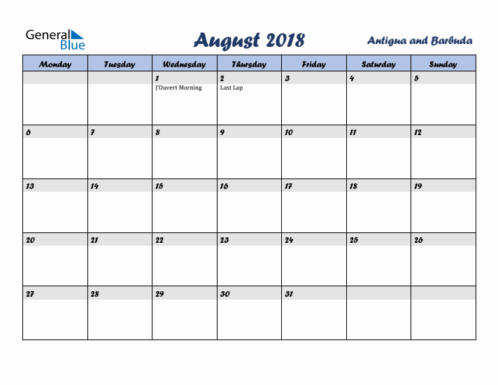 August 2018 Calendar with Holidays in Antigua and Barbuda