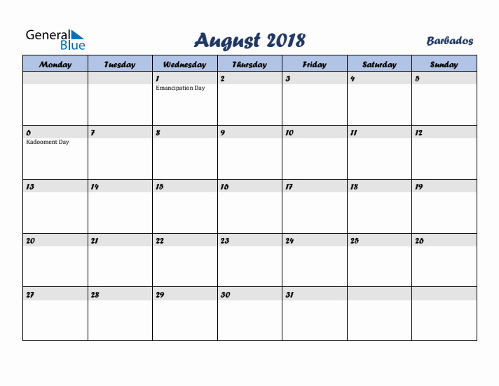 August 2018 Calendar with Holidays in Barbados