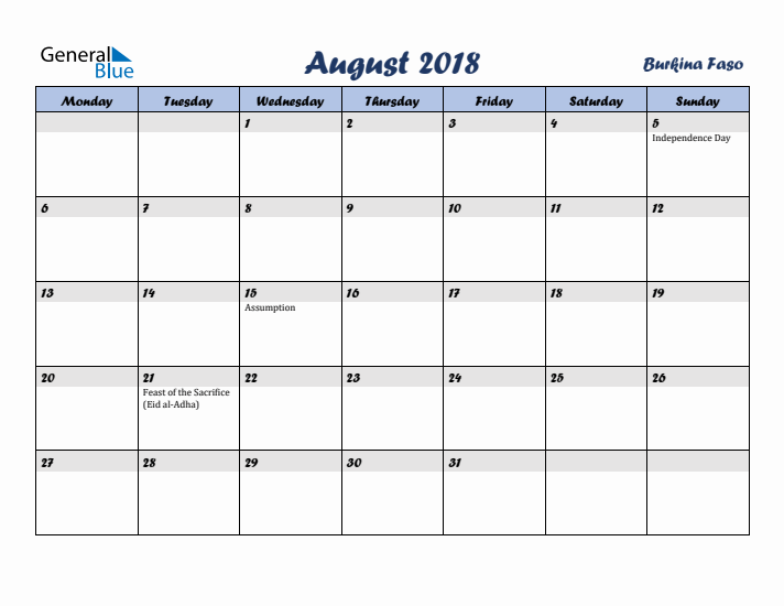 August 2018 Calendar with Holidays in Burkina Faso