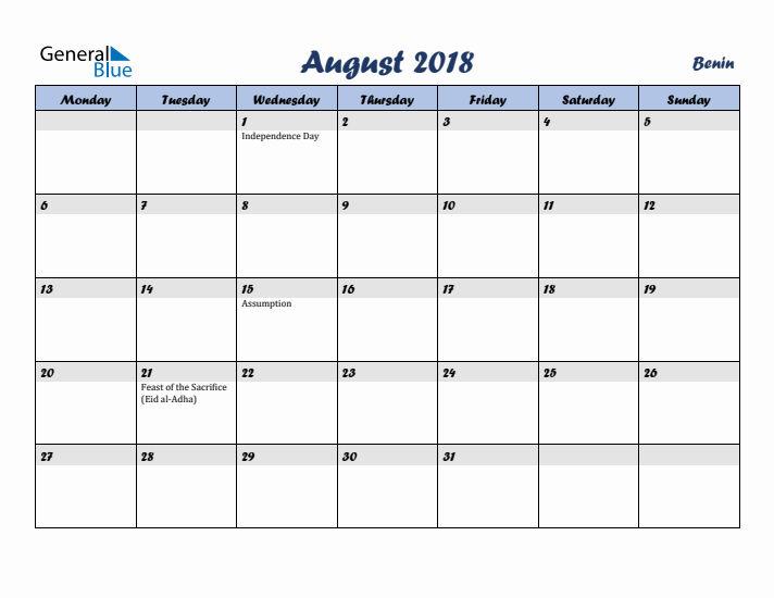 August 2018 Calendar with Holidays in Benin