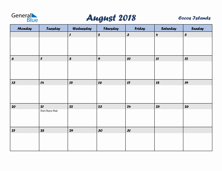 August 2018 Calendar with Holidays in Cocos Islands
