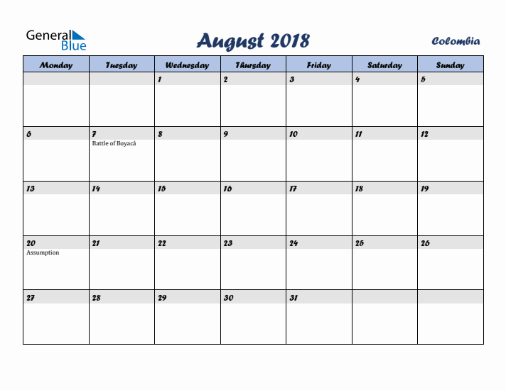 August 2018 Calendar with Holidays in Colombia