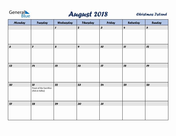 August 2018 Calendar with Holidays in Christmas Island