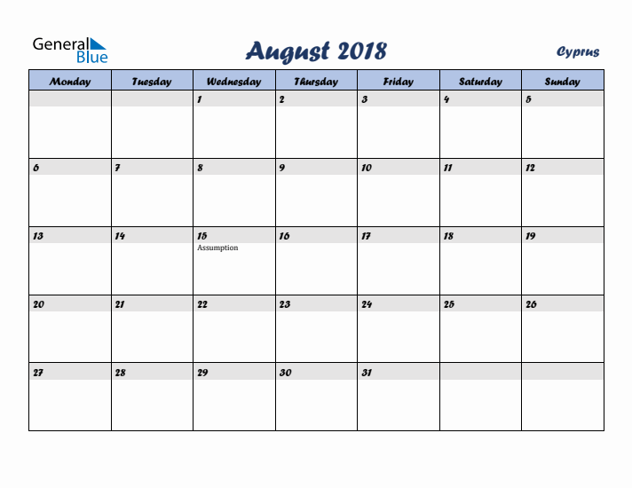 August 2018 Calendar with Holidays in Cyprus