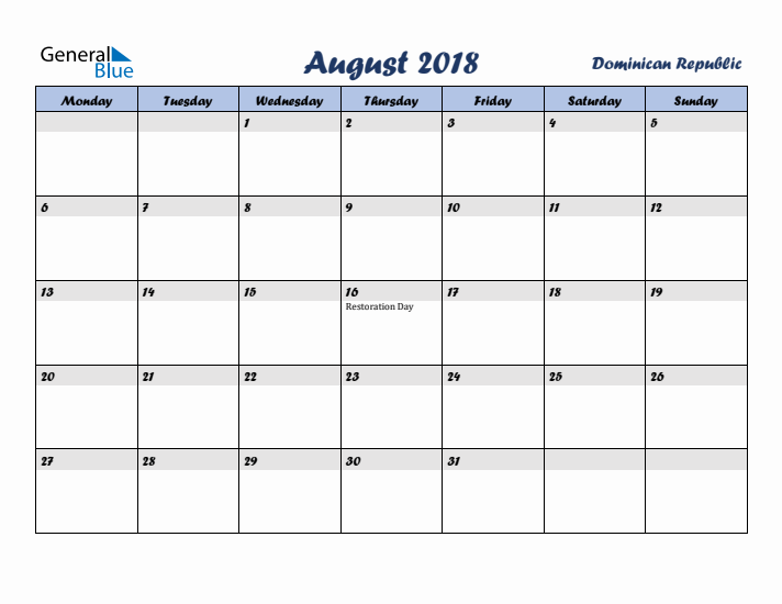 August 2018 Calendar with Holidays in Dominican Republic