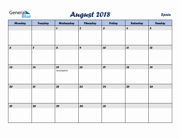 August 2018 Calendar with Holidays in Spain