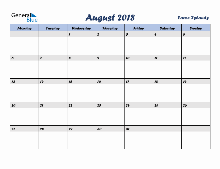 August 2018 Calendar with Holidays in Faroe Islands