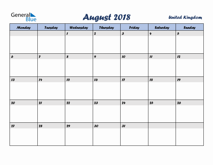 August 2018 Calendar with Holidays in United Kingdom