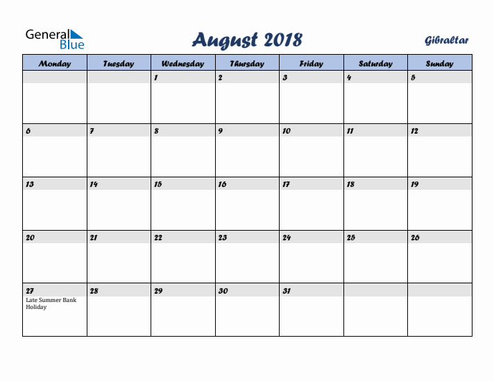 August 2018 Calendar with Holidays in Gibraltar