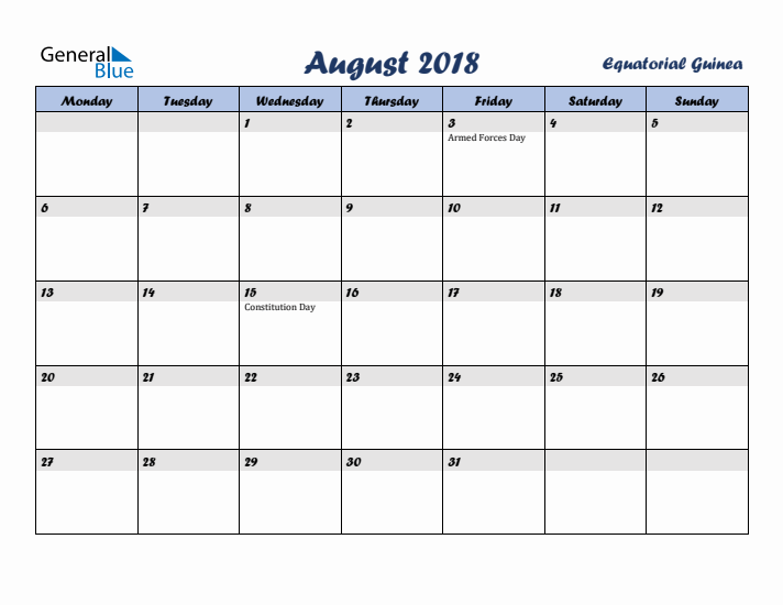 August 2018 Calendar with Holidays in Equatorial Guinea