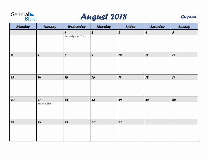 August 2018 Calendar with Holidays in Guyana