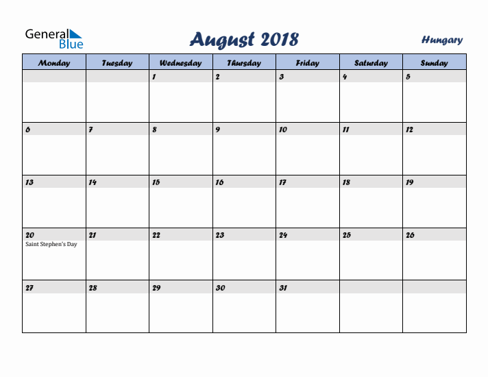 August 2018 Calendar with Holidays in Hungary