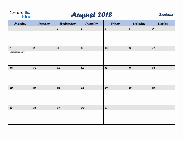 August 2018 Calendar with Holidays in Iceland