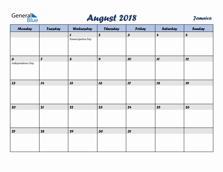 August 2018 Calendar with Holidays in Jamaica