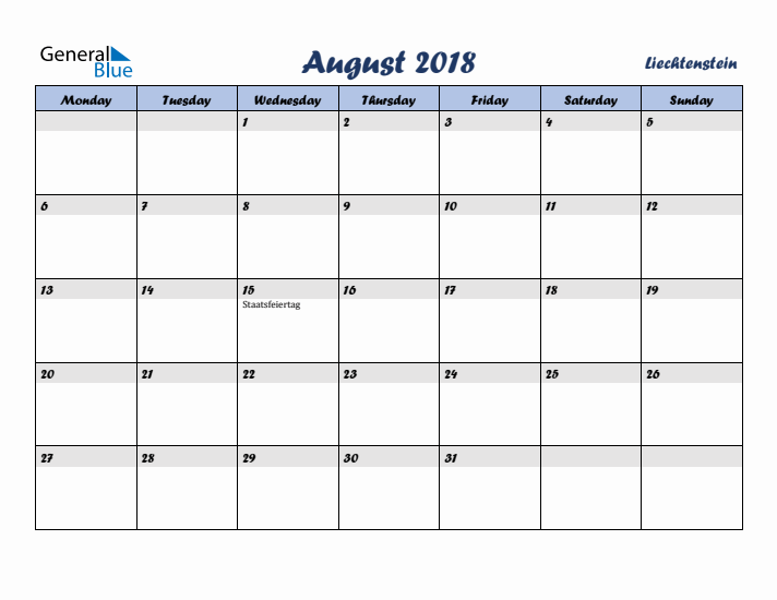 August 2018 Calendar with Holidays in Liechtenstein