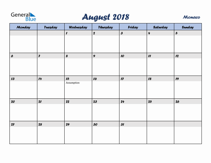 August 2018 Calendar with Holidays in Monaco