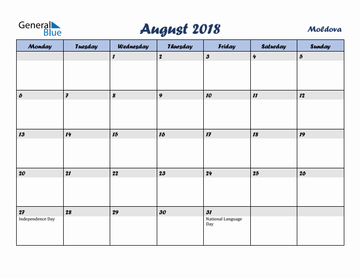 August 2018 Calendar with Holidays in Moldova