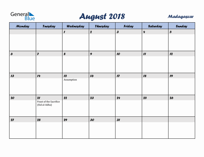 August 2018 Calendar with Holidays in Madagascar