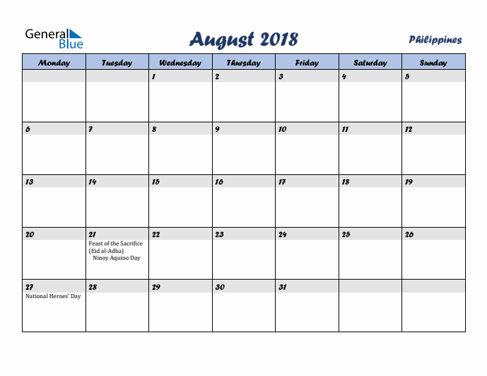August 2018 Calendar with Holidays in Philippines