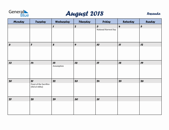 August 2018 Calendar with Holidays in Rwanda