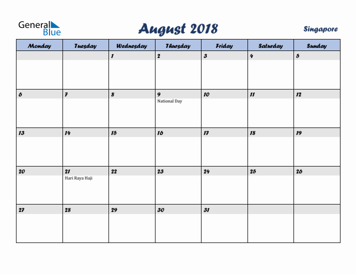 August 2018 Calendar with Holidays in Singapore