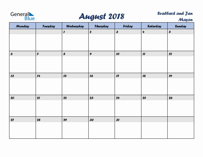 August 2018 Calendar with Holidays in Svalbard and Jan Mayen