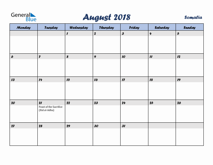 August 2018 Calendar with Holidays in Somalia