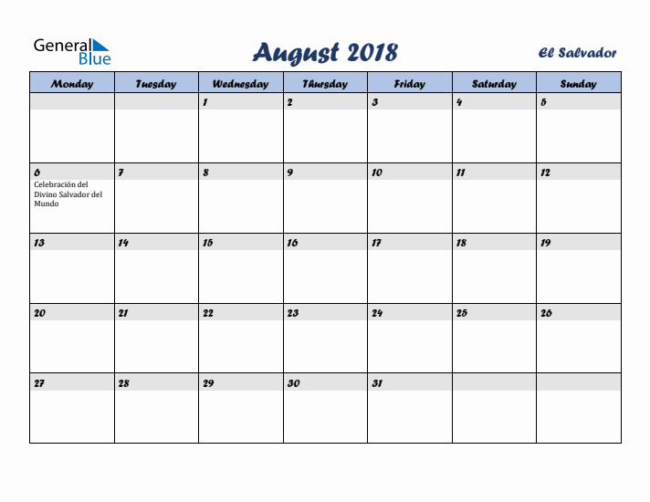 August 2018 Calendar with Holidays in El Salvador