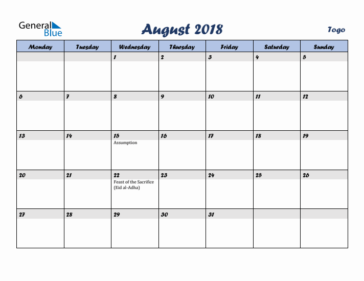 August 2018 Calendar with Holidays in Togo