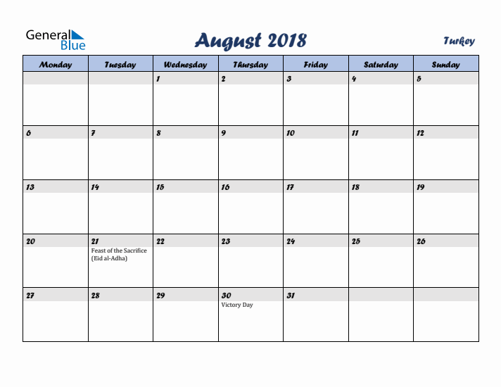 August 2018 Calendar with Holidays in Turkey