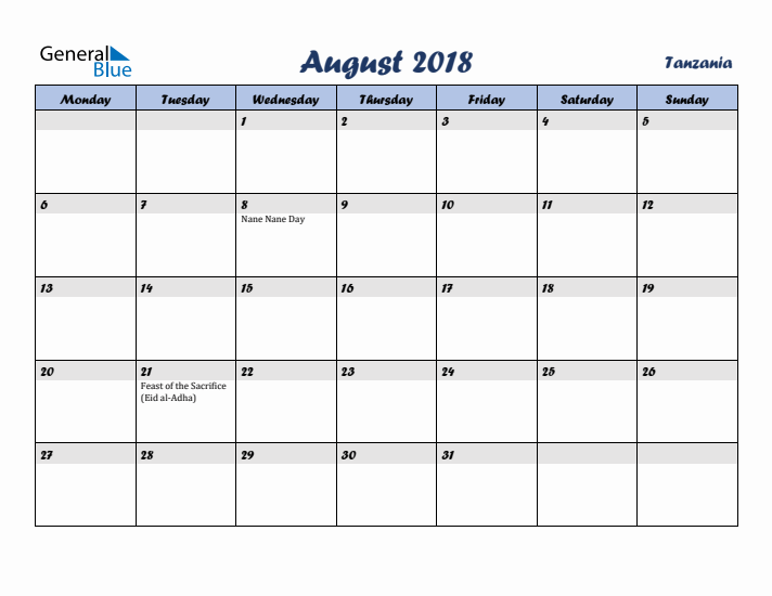 August 2018 Calendar with Holidays in Tanzania