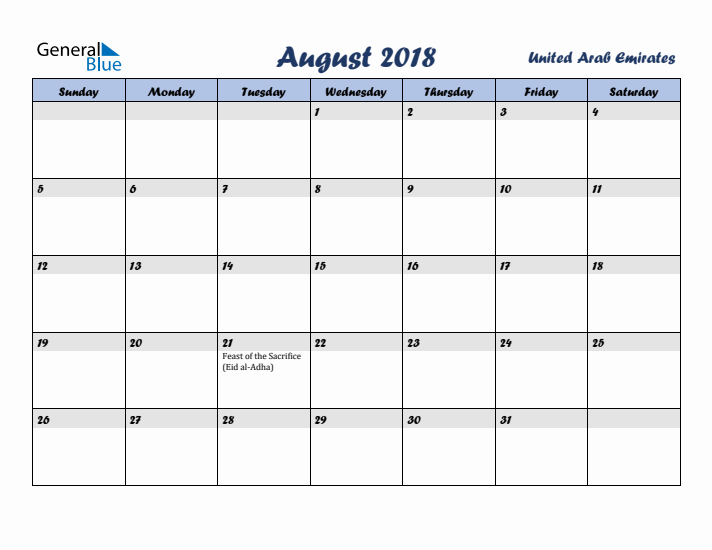 August 2018 Calendar with Holidays in United Arab Emirates