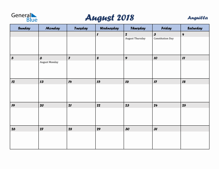 August 2018 Calendar with Holidays in Anguilla