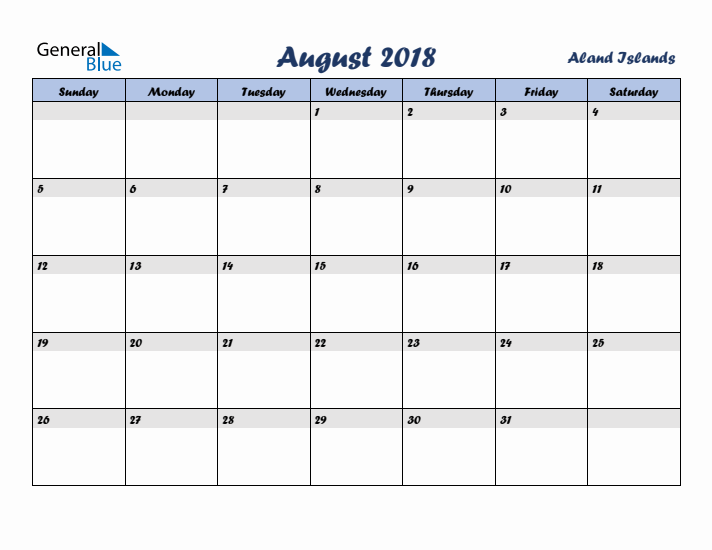 August 2018 Calendar with Holidays in Aland Islands