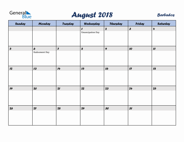 August 2018 Calendar with Holidays in Barbados