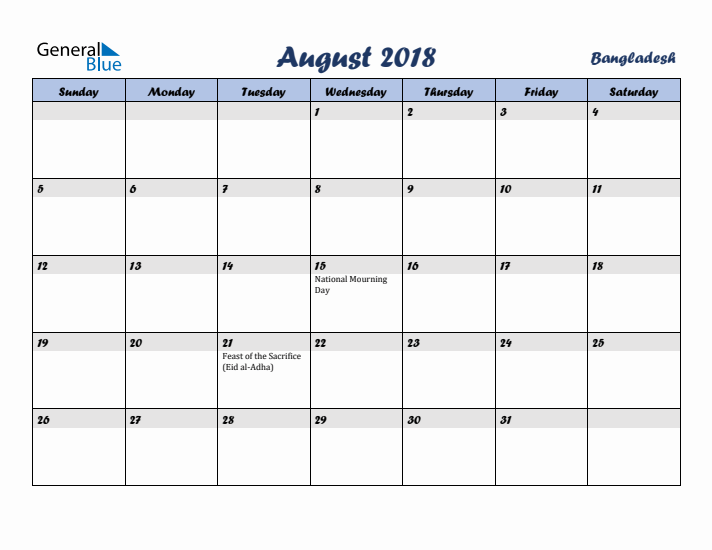 August 2018 Calendar with Holidays in Bangladesh