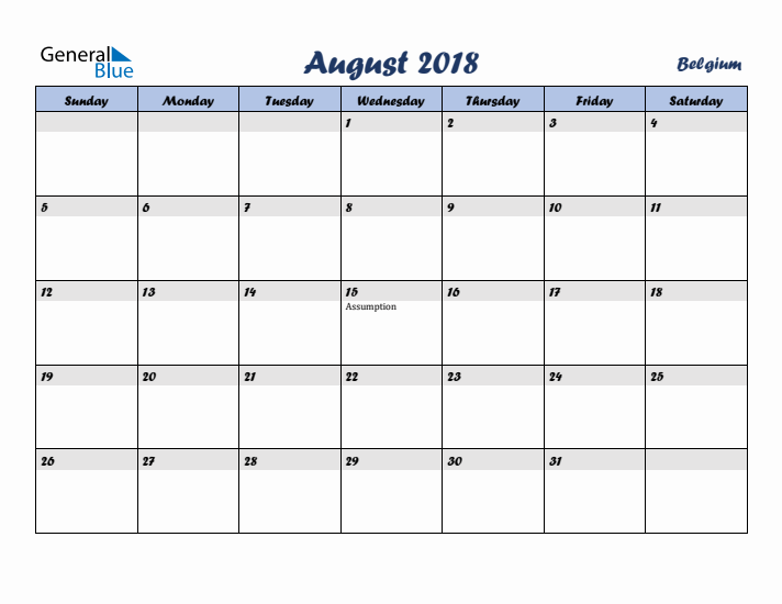 August 2018 Calendar with Holidays in Belgium