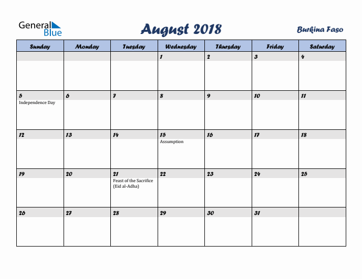 August 2018 Calendar with Holidays in Burkina Faso