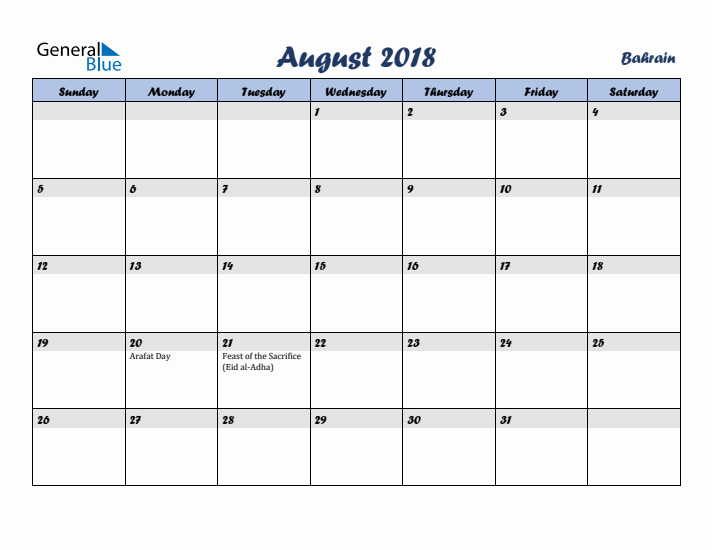 August 2018 Calendar with Holidays in Bahrain