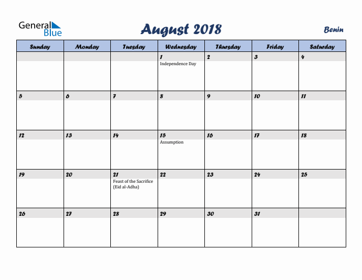 August 2018 Calendar with Holidays in Benin