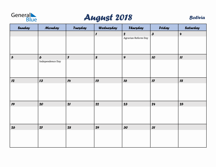 August 2018 Calendar with Holidays in Bolivia