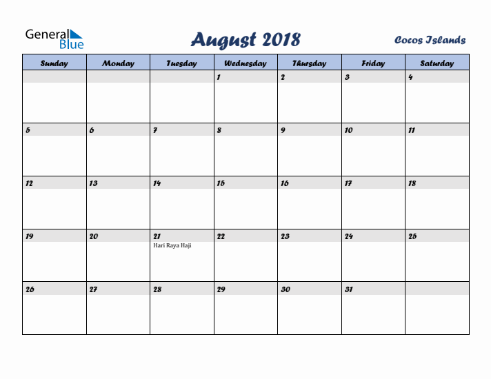 August 2018 Calendar with Holidays in Cocos Islands