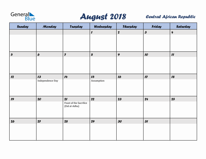 August 2018 Calendar with Holidays in Central African Republic