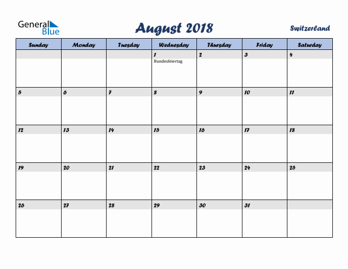 August 2018 Calendar with Holidays in Switzerland