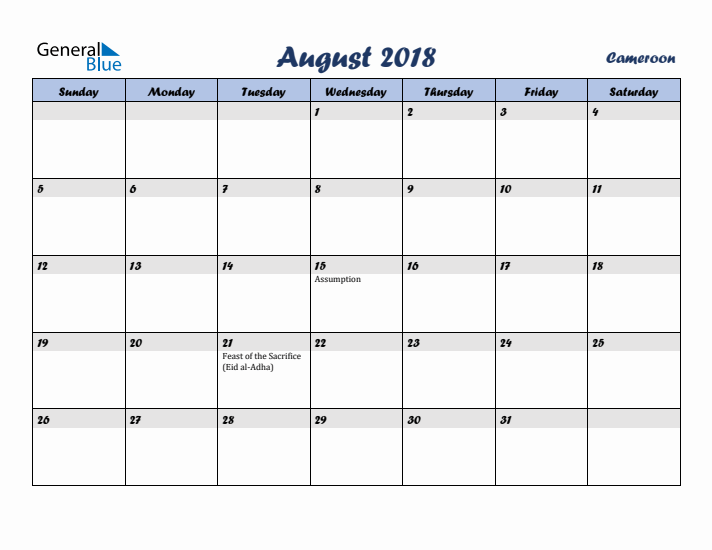 August 2018 Calendar with Holidays in Cameroon