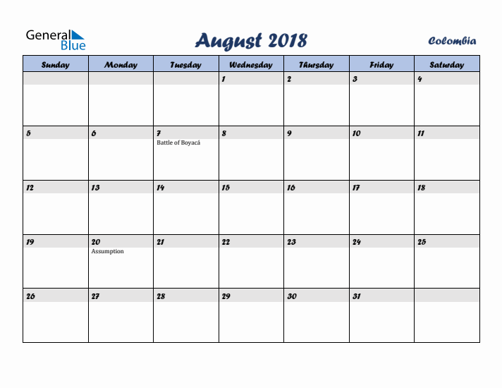 August 2018 Calendar with Holidays in Colombia